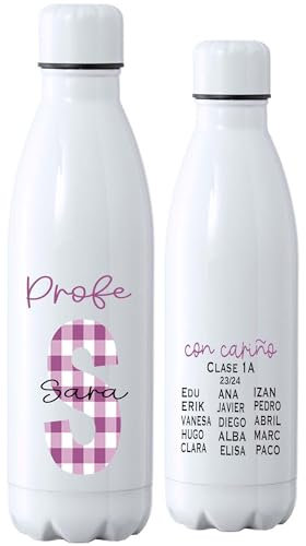 Botella personalizada con nombres de alumos, regalo profesor, botella estampado vichy (VICHY CIRUELA)