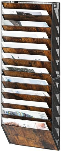 Solinxe Porte Document Mural 12 Étages en Bois - Organisateur Bureau A4 pour Papiers, Revues, Fichiers avec Rangement Intégré, Noir/Antique (Maison, École, Bureau)