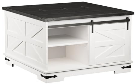 joukares Modern Farmhouse Coffee Table, Lift Top Coffee Table for Living Room, Square Wood Center Table with Gas Struts, Extra Large Hidden Storage Space, Metal Bracket Corner, White White