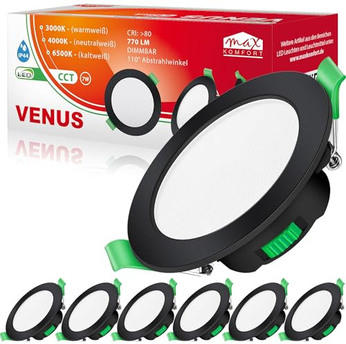 max K O M F O R T LED Einbaustrahler flach 7W Dimmbar Bad schwarz VENUS | IP44, 110°, 770 Lumen, 68mm| Warmweiß Neutralweiß Kaltweiß | Einbauspot, Deckenstrahler Deckenspot 6er SET