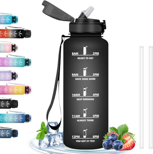 Gourde, Gourde avec Paille, Gourde Sport 1 litre avec Marqueur de Temps, Gourdes de Camping et Randonnée, Facile à Transporter, Gourde Reutilisable, pour Gym, Fitness, Cyclisme, Extérieur