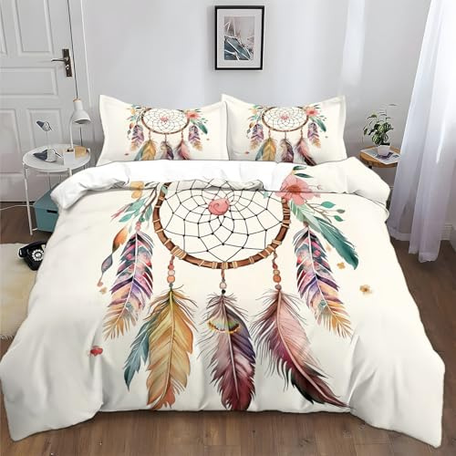 XCQHZYQ Bettbezug 180x200 cm Feder Blumen Traumfänger Bettwäsche Set Weiche Atmungsaktive Hypoallergen für Jugendliche Einzelbett mit Reißverschluss und Kissenbezug 80x80 cm