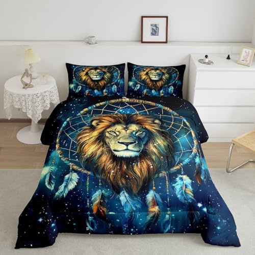 Löwen-Bettwäsche-Set, volle Größe, Löwenmähne Wildtier-Bettwäsche-Set für Kinder, Jungen, Herren, Raumdekoration, Traumfänger, Daunendecke, Sterne, Galaxie, Bettdeckenbezug, 2 Kissenbezüge