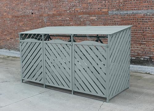 Jack Stonehouse Triple Wooden Bin Store | Large Outdoor Garden Wheelie Bin Storage for 3 Bins | Lift Lid | 218cm x 122cm (Grey)