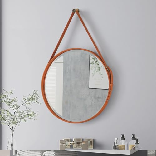 KKTX Wandmontierter Spiegel, Akzentspiegel, Heimdekoration, Kosmetikspiegel, HD-Glasspiegel mit Metallrahmen und verstellbarem Lederband,50x50cm,Orange