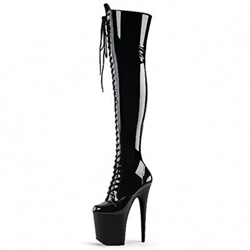 Stivali Alti sopra Il Ginocchio con Plateau da Donna, Tacchi da 8 Pollici, Stivali Alti Fino alla Coscia Eleganti e Oversize da Pole Dance in Discoteca,Nero,38 EU