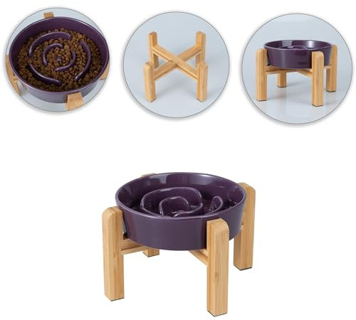 Gamelle Anti-Glouton Surélevée pour Chien - Bol en Céramique avec Support en Bambou - Idéale pour Chiens de Petite et Moyenne Taille - Violet - 17 cm