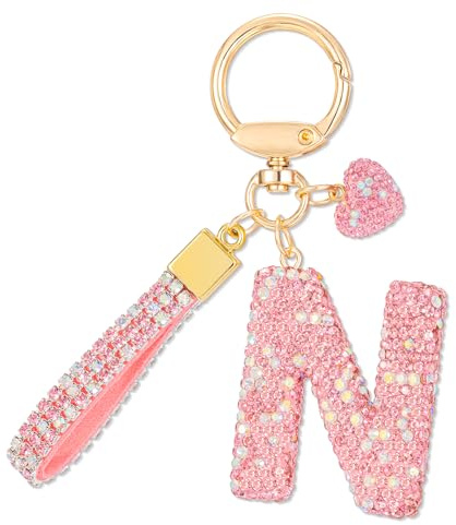 MWOOT Rose Voiture Porte clés Cadeau pour Femmes Filles Initial Lettre Porte-clés Mignon Bling Lettre Pendentif pour Sac à main Charms, Lettre N