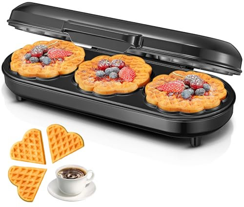 FOHERE 1200 W Piastra per Waffle, 15 Cialde in 2 Minuti, Piastra per Waffle a Cuore con 3 Superfici di Cottura Antiaderenti per Cialde Classiche, Fioriera da Forno, in Acciaio Inox