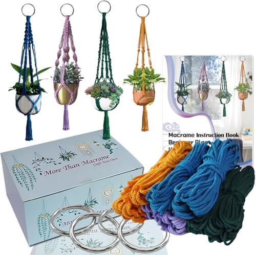 suo long Macrame Kit for Adults to Make 4 Macrame Plant Hangers Contain Pre-Cutted Macrame Cord 4mm Accessories,Instruction Book Easy for Beginners/Starters,Metal O Rings Adults DIY Craft Making Kits