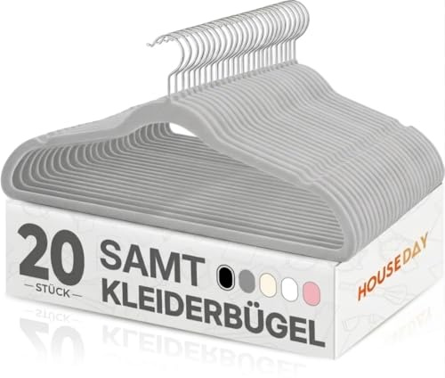 HOUSE DAY Kleiderbügel Samt 20 Stück, Kleiderbügel Platzsparend, Grau | Rutschfeste, Schmale Bügel mit 360° drehbarem Haken, Premium Anzugbügel für mehr Ordnung und Platz im Kleiderschrank