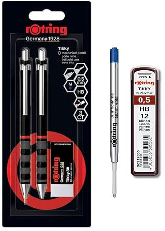rOtring Tikky Druckbleistift- und Kugelschreiber-Set, HB-Mine, 0,5 mm Bleistift, Radiergummi 30 BL3, mittlere Spitze, schwarzer Schaft, Set mit zusätzlichen Minen, Schreibset, Schreibutensilien