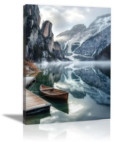 WUFIEA Natur Landschaft Leinwand Bergboote im See Modern Wanddeko Kunstdruck Schlafzimmer Esszimmer Büro(Blau)-70x100cm Gerahmt