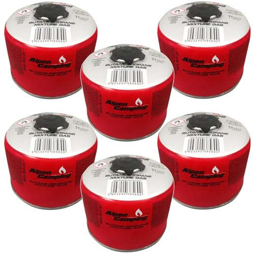 Alpen Camping 230 g Propan‑Butan Gaskartusche EN 417 7/16″ Gewinde Outdoor Campingkocher Wanderkocher Survival Expedition – zuverlässig –10 °C bis +40 °C – Zertifiziert PI 0656/PI 0437 (6 Stück)