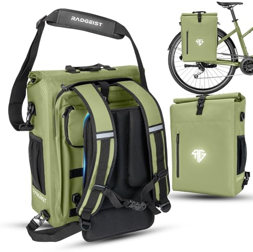 RADGEIST 3in1 Fahrradtasche für Gepäckträger (25Liter) - Rucksack Fahrrad Tasche mit bequemer Polsterung - Gepäckträgertasche mit sicherer Befestigung - 100% wasserdicht inkl. Laptopfach (Grün)