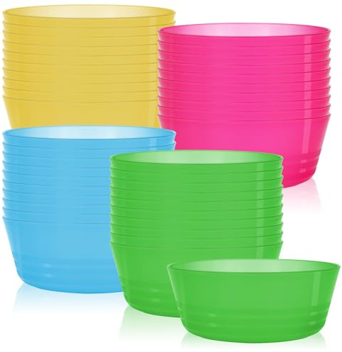 96 Pack Reusable Plastic Bowls, 14 oz Colorful Unbreakable Cereal Bowls, BPA-Free Dishwasher Safe Picnic Bowls for Camping, BBQ, Garden Parties & Outdoor Dining