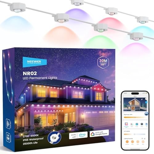 NEEWER 96ft Permanente Außenstrahler für Hausdekoration, Smart AI RGB IC CW Außen Dachüberstand Lichterkette, 60 LED Leuchten, App Steuerung 50+ Szenen IP65 wasserdicht, kompatibel mit Alexa, NR02