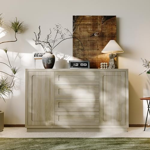 Caldion Sideboard Küche, Küchenschrank,4 Schubladen und 2 Türen, glänzend, für Küche, Aufbewahrungsschrank mit Türen,Eingangsbereich, Wohnzimmer,140 x 40 x 86 cm, Graue