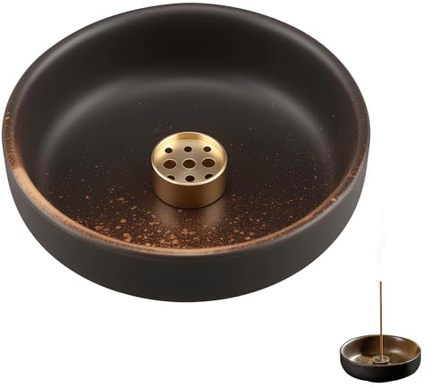 Ceramic Incense Holder with Iron Rust Glaze, Handmade Incense Burner for Sticks and Candles, Round Aroma Bowl 7.5cm for Home and Meditation Spaces