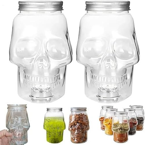Dqsgiqe Lot de 2 bocaux de conservation en forme de tête de mort - 800 ml - Avec couvercle - Pour épices, épices ou boissons - Pour repas, cuisine, pâtisserie, camping, pique-nique, restaurant, bar