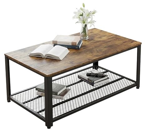 Relaxdays Couchtisch, Industrial Style, HxBxT: 45 x 106 x 60cm, Holzoptik, Gitterablage, Wohnzimmertisch, braun/schwarz
