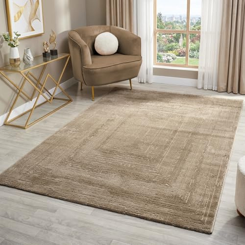 VIMODA Teppich Wohnzimmer Schlafzimmer Modern Hoch&Tief Bordüre Qualitativ 3D Effekt,Farbe:Beige;Maße:120x170 cm