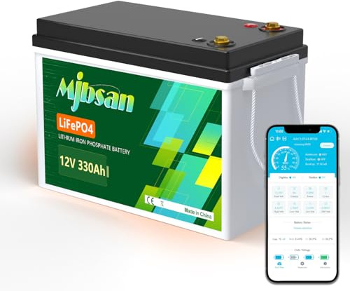 Mjbsan LiFePO4 12 V 330 AH batteria al litio Bluetooth con 200 A BMS, 8000 + cicli, batteria al litio 4224 W, protezione da spegnimento a bassa temperatura, perfetta per camper, applicazioni solari e