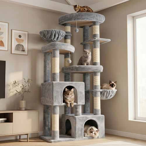 Hey-brother 171 cm Kratzbaum für große Katzen, Mehrkatzen tauglich, MPJ084W | Stabiler Kratzbaum mit 3 Plattformen, 2 Großen Höhlen, 2 gemütlichen Katzenwohnungen und 2 baumelnden Plüschbällen, Hellgrau