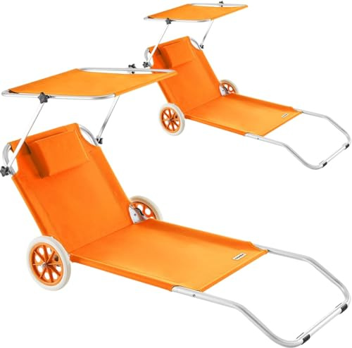 Casaria 2X Sonnenliege klappbar mit Sonnendach und Rädern Orange | Aluminium, 5-fach Verstellbare Rückenlehne, Balkon, Camping, Pool, Garten, Terrasse, Rädern, Strandliege, Mobil & Leicht