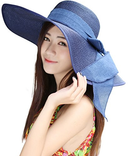 Lanzom Sombrero de paja grande de 5.5 pulgadas para mujer, de 5.5 pulgadas, plegable, enrollable, sombrero de playa, UPF 50+ - - Talla única