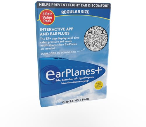 EarPlanes Original Earplugs for Adults, Pressure Filtering Protection for Airplane Travel (3 Pairs)