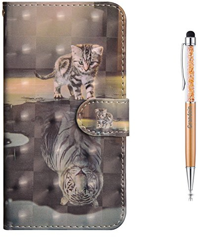Grandoin Coque iPhone 5 /5S /SE, Mode Créatif Effet 3D Modèle Désign Étui de Protection Housse en PU Cuir avec TPU Silicone Souple Portefeuille Phone Case pour Apple iPhone 5 /5S /SE (Chat et Tigre)