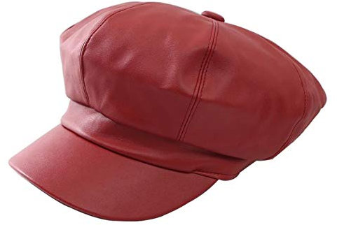 CHENNUO Schirmmützen Damen PU Leder Barett Maler Mütze Gatsby Newsboy Flat Cap Kappe (Rot)