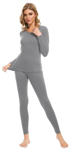 iWoo Womens Thermal Underwear Ladies Thermal Base Layer Set Baselayer Long Sleeve O Neck Cotton Soft Pretty Manufacturer Size 5, (UK Size: XL, Grey)