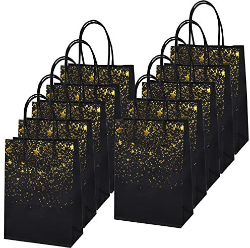 Mikihat 10 Stück Papiertüten mit Henkel,Geschenktüten aus Kraftpapier, Bronzing Kraft Tasche mit Gold Herz Verzierung, Schwarz Party Geschenk Papiertüten für Partys, Hochzeiten, Feiern, Geschenktüten