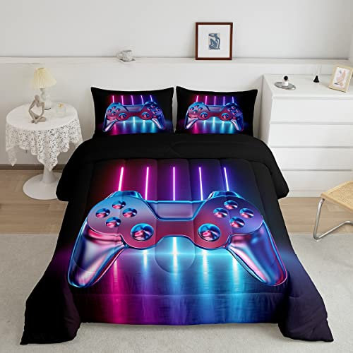 Loussiesd Spiele-Bettwäsche-Set, für Teenager, Jungen, Neon-Gaming-Bettdecke, Kinder, Einzelgröße, Gamer, Heimdekoration, Tröster, Videospiel-Controller, gestepptes Bettbezug-Set, 2-teilig, 1
