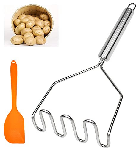 Kartoffelstampfer Küchenstampfer Edelstahl Gemüsestampfer Kartoffelpresse 25cm Gewellter Griff für Kartoffelbrei Gemüse Früchte mit Silikonspatel