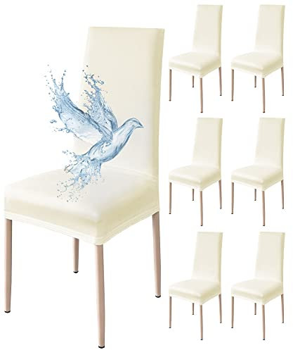 Poligino Stuhlhusse, 6-teilig, wasserdicht, Stuhlbezug, für Esszimmer, dehnbar, universal, leicht zu reinigen (cremeweiß, 6 Stück)