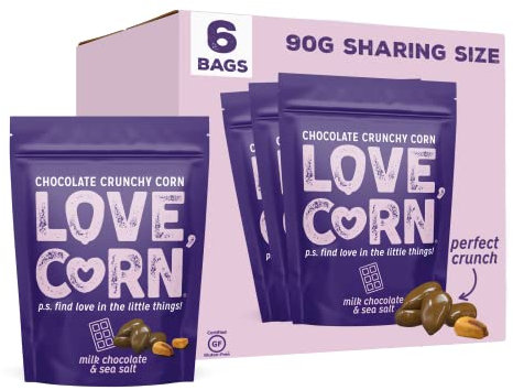 LOVE CORN Milk Chocolate & Sea Salt Crunchy Corn Snack 90g x 6 Bags – Chocolate Multipack Snacks Ideal for Gluten Free Diets – Chocolate Gift – Perfect To Graze On