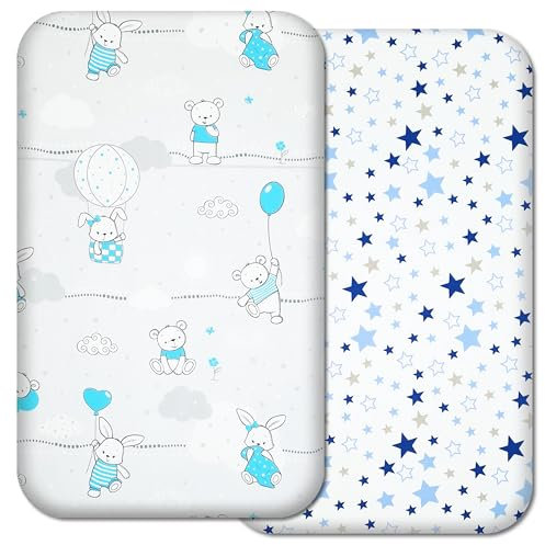 Next to Me Crib Sheets – 2pcs Baby Sheet Set 100% Organic Cotton Fitted Crib Sheets for Bedside Cribs – Made In Europe (83x50cm, Cute Animals&Stars Blue)