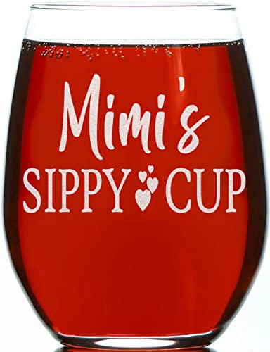 CARVELITA Mimi's Sippy Cup, 15oz Stemless Wine Glass, Funny Birthday Christmas Mother's Day Gifts For New Grandma, Mimi, Grandmother, Mom, From Daughter, Son