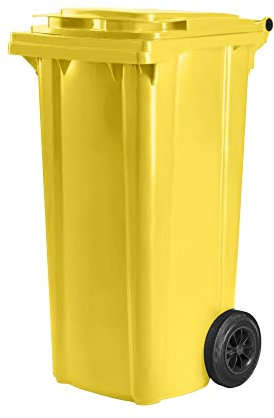 Bauer Mülltonne mit 2 Rädern und Deckel, Müllgroßbehälter, Abfalltonne, Mülleimer, Volumen: 120 Liter, Farbe: Gelb, Größe: 964 x 480 x 550 mm