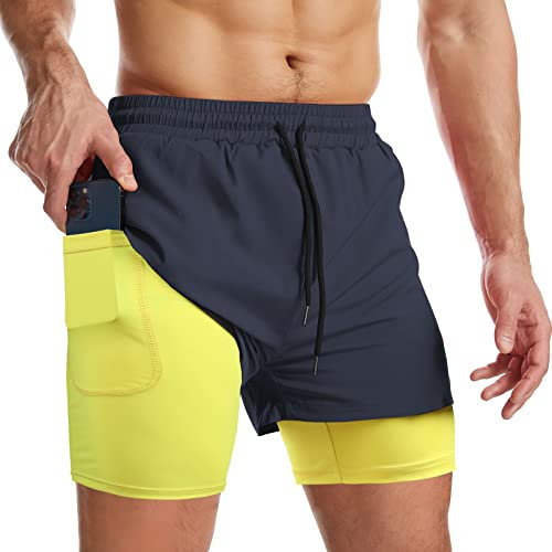 Danfiki Herren Sport Shorts Kurze Hose Schnell Trocknend Sporthose Leicht mit Reißverschlusstasche Laufshorts mit Taschen Hosen Fitness Laufhose,Marinegelb,M