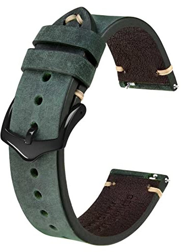 BISONSTRAP Uhrenarmband für Herren, Handgefertigte Stiche Leder Armband, Schnellverschluss, 22mm, Grün mit Schwarzer Schnalle