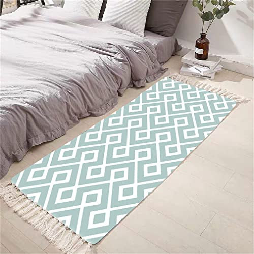 Tomifine Flachgewebe Teppich mit Quasten, Geometrischem Rautenmuster Vintage Teppich Baumwolle Waschbar Fußmatte (60x120 cm,Grün)