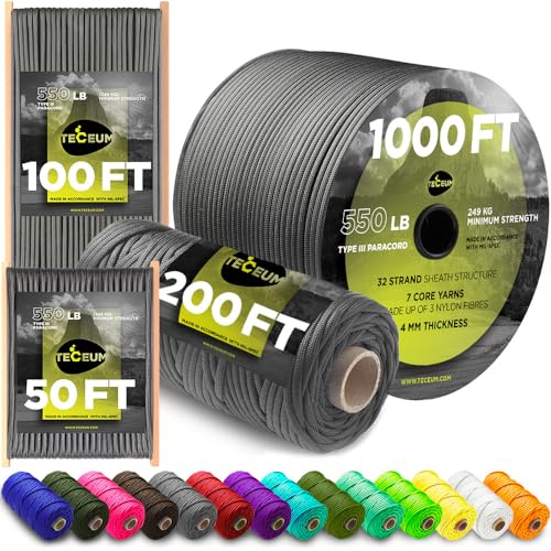 TECEUM Paracord Tipo III 550 Grigio Scuro – 15 m– 4mm – Attrezzatura da Campeggio, Outdoor, Escursionismo e Pesca – Corda da Paracadute EDC – Corda di Sopravvivenza Resistente(50ft) 030