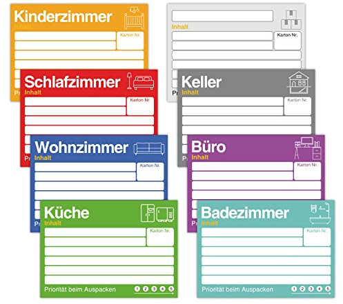 PAPERKIDDO 80 Stück Umzugsetiketten 15 x 10cm, Umzugsaufkleber zum Beschriften von Umzugskartons, 8 Farben Aufkleber Bunte Etiketten Selbstklebend Sticker für Übersicht beim Umzug