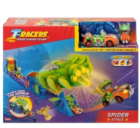 T-Racers Spider Attack Spinnenstrecke für Rennwagen – Die Herausforderung des Angriffs der Spinne – Spielzeugauto-Strecke – inkl. 1 Pilot und 1 Exklusives Fahrzeug