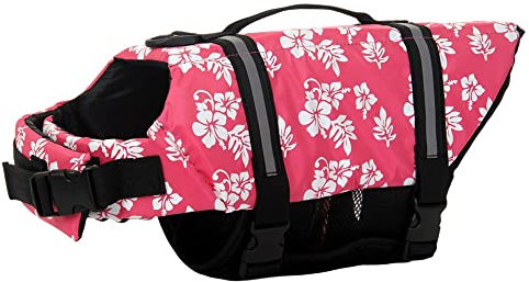 FANSU Hundeschwimmweste, Hunde Schwimmweste mit Rettungsgriff Rettungsweste für Hunde Verstellbare Größe zum Schwimmen, Surfen, Bootfahren (XS,Rosa Blume)