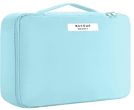 Travel Makeup Bag [with Brushes Holder & Detachable Pouch] Cosmetic Bag Large Capacity Waterproof Makeup Case Storage Organiser for Women & Girls (Blue)